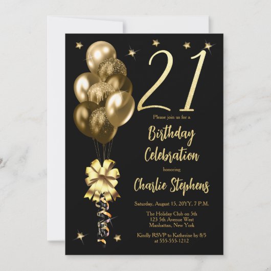 Elegante gouden ballonnen op zwart 21st verjaardag kaart (Voorkant)