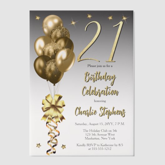 Elegante gouden ballonnen op zwart 21st verjaardag vellum uitnodigingen (Voorkant)