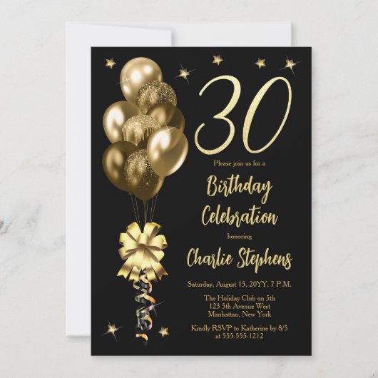 Elegante gouden ballonnen op zwart 30e verjaardags kaart (Voorkant)