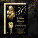 Elegante gouden ballonnen op zwart 30e verjaardags kaart<br><div class="desc">Elegante faux glitter goudkleurige ballonnen met grote boog en wimpels en accentsterren "30" 30ste verjaardag feestviering uitnodiging.</div>