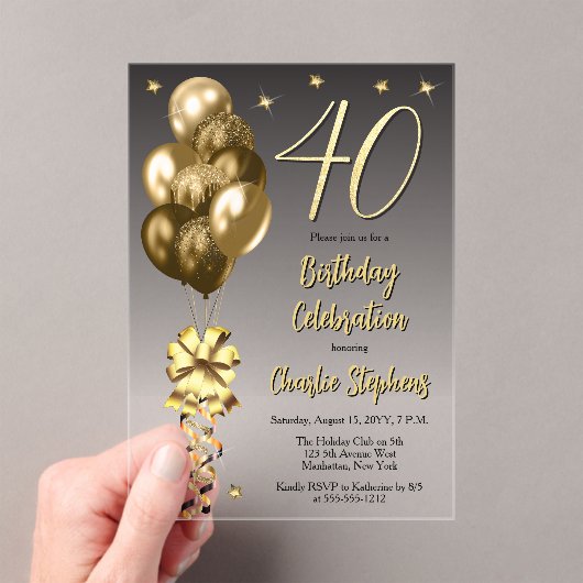 Elegante gouden ballonnen op zwart 40e verjaardags acryl uitnodigingen (Insitu (Draagbaar))