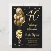 Elegante gouden ballonnen op zwart 40e verjaardags kaart (Voorkant)