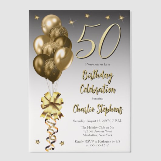Elegante gouden ballonnen op zwart 50ste verjaarda vellum uitnodigingen (Voorkant)