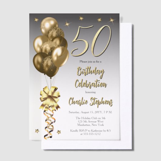 Elegante gouden ballonnen op zwart 50ste verjaarda vellum uitnodigingen (Offset)