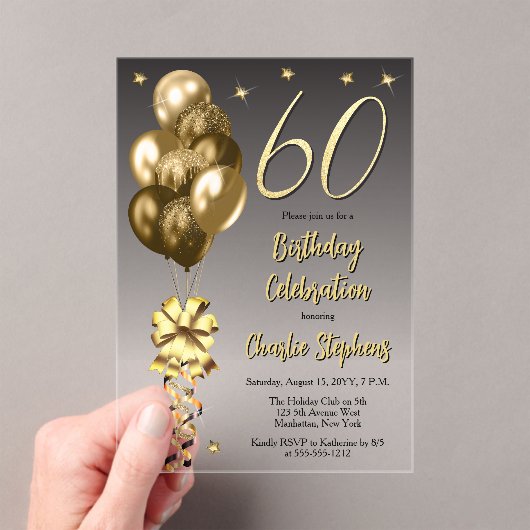Elegante gouden ballonnen op zwart 60e verjaardags acryl uitnodigingen (Insitu (Draagbaar))
