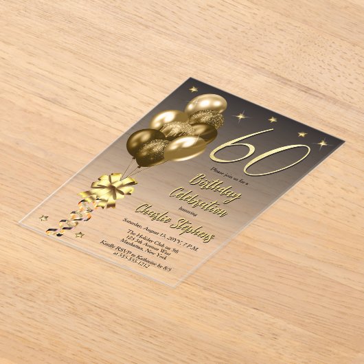 Elegante gouden ballonnen op zwart 60e verjaardags acryl uitnodigingen (Laagn)