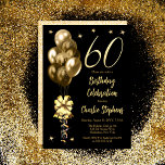 Elegante gouden ballonnen op zwart 60e verjaardags kaart<br><div class="desc">Elegante faux glitter goudkleurige ballonnen met grote boog en streamers en accentsterren "60" 60ste verjaardag feestviering uitnodiging.</div>