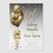 Elegante gouden ballonnen op zwart 60e verjaardags vellum uitnodigingen (Voorkant)