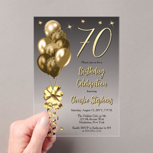 Elegante gouden ballonnen op zwart 70e verjaardags acryl uitnodigingen (Insitu (Draagbaar))