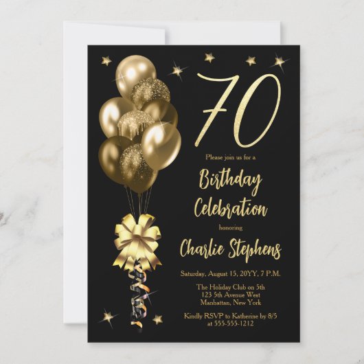 Elegante gouden ballonnen op zwart 70e verjaardags kaart (Voorkant)
