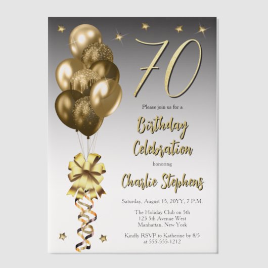 Elegante gouden ballonnen op zwart 70e verjaardags vellum uitnodigingen (Voorkant)