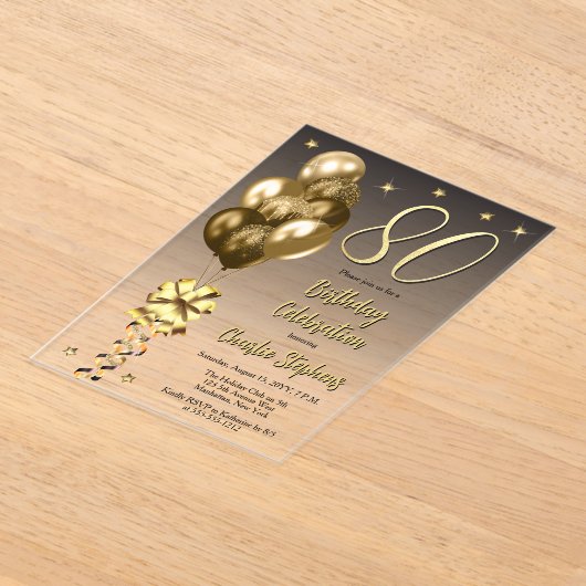 Elegante gouden ballonnen op zwart 80ste verjaarda acryl uitnodigingen (Laagn)