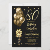 Elegante gouden ballonnen op zwart 80ste verjaarda kaart (Voorkant)