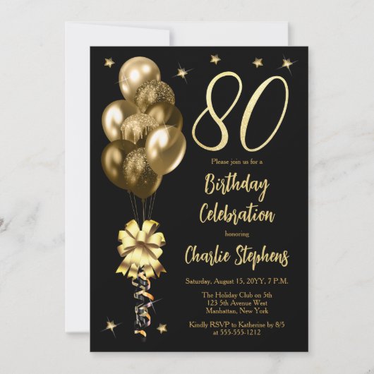 Elegante gouden ballonnen op zwart 80ste verjaarda kaart (Voorkant)