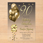 Elegante gouden ballonnen op zwart 90ste verjaarda acryl uitnodigingen (Voorkant)