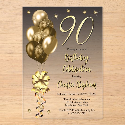 Elegante gouden ballonnen op zwart 90ste verjaarda acryl uitnodigingen (Voorkant)