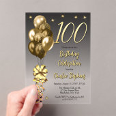 Elegante gouden ballonnen op zwarte 100 verjaardag acryl uitnodigingen (Insitu (Draagbaar))