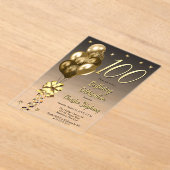 Elegante gouden ballonnen op zwarte 100 verjaardag acryl uitnodigingen (Laagn)