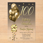 Elegante gouden ballonnen op zwarte 100 verjaardag acryl uitnodigingen (Voorkant)