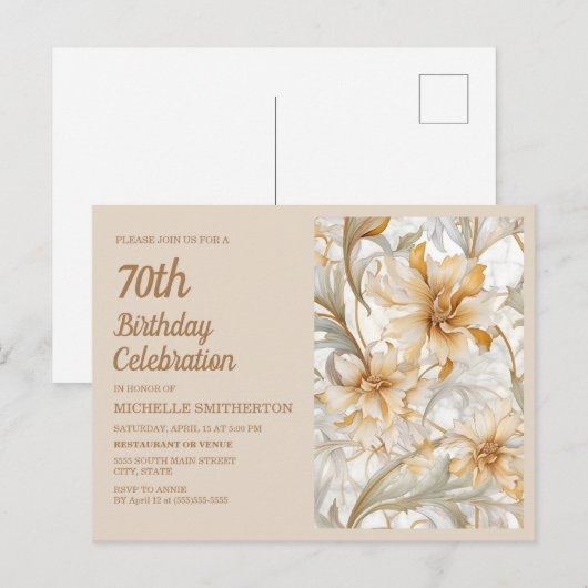 Elegante gouden beige bloem 70e verjaardag uitnodiging briefkaart (Voorkant / Achterkant)