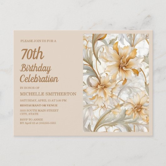 Elegante gouden beige bloem 70e verjaardag uitnodiging briefkaart (Voorkant)