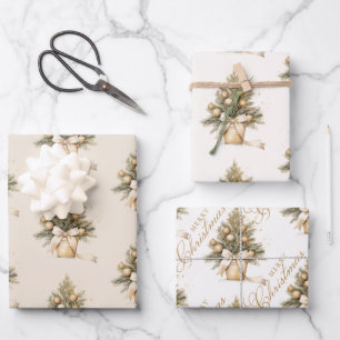 Elegante gouden beige kerstboom kalligrafie inpakpapier vel