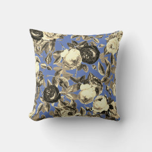 Elegante  gouden beige Rozen op blauw Kussen