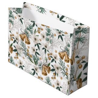 Elegante gouden bellen en wit winterbloemmotief groot cadeauzakje