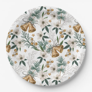 Elegante gouden bellen en wit winterbloemmotief papieren bordje