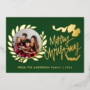Elegante Gouden Besbladeren 2 Foto Prettig Kerstfe Folie Feestdagenkaart