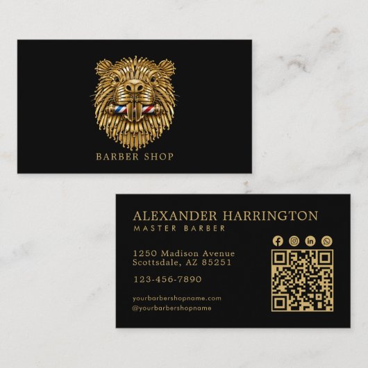 Elegante Gouden Bever Kapperszaak Qr Code Visitekaartje (Voorkant / Achterkant)