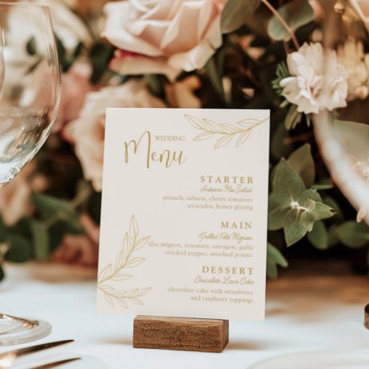 Elegante gouden blad met script bruiloftsmenu kaar kaart