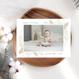 Elegante Gouden Bladeren 2 Foto Kerst Familiekaart Feestdagenkaart