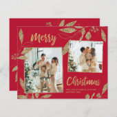 Elegante gouden bladeren 2 foto's Kerstkaart met b (Voorkant / Achterkant)