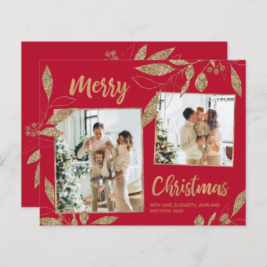 Elegante gouden bladeren 2 foto's Kerstkaart met b (Voorkant / Achterkant)