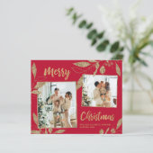 Elegante gouden bladeren 2 foto's Kerstkaart met b (Staand voorkant)