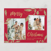 Elegante gouden bladeren 2 foto's Kerstkaart met b (Voorkant)