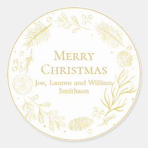 Elegante Gouden Bladeren & Bessen Prettig Kerstfee Ronde Sticker