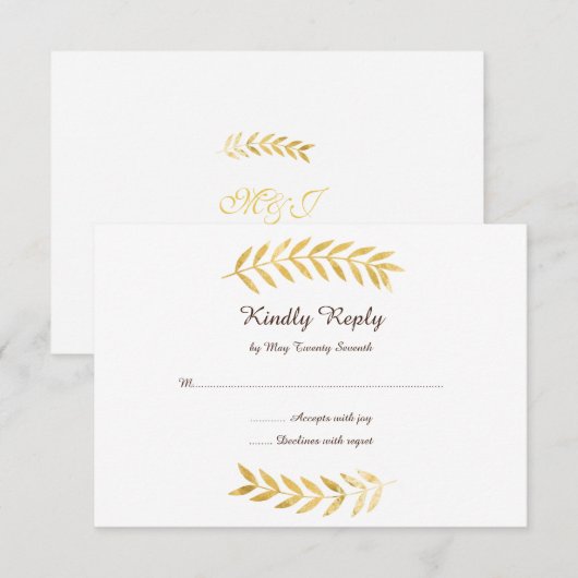 Elegante Gouden Bladeren Bruiloft RSVP Kaartje (Voorkant / Achterkant)