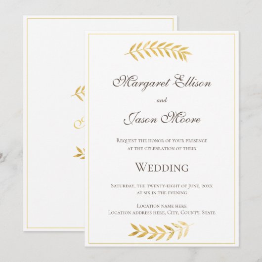 Elegante Gouden Bladeren Gouden en Bruine bruiloft Kaart (Voorkant / Achterkant)
