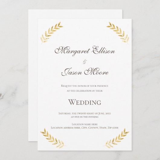 Elegante Gouden Bladeren Gouden en Bruine bruiloft Kaart (Voorkant / Achterkant)