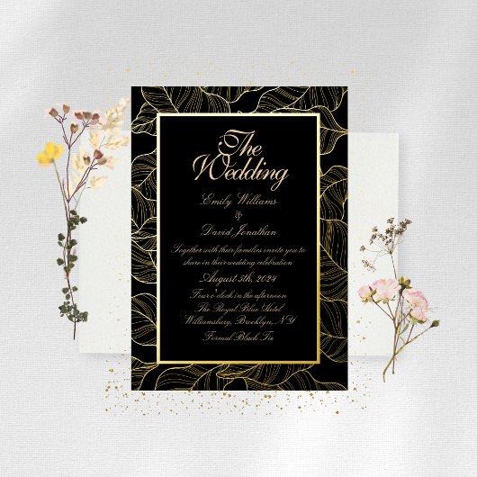 Elegante gouden bladeren zwart folie uitnodiging