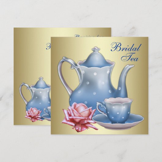 Elegante gouden blauwe bruids thee partij kaart (Voorkant / Achterkant)