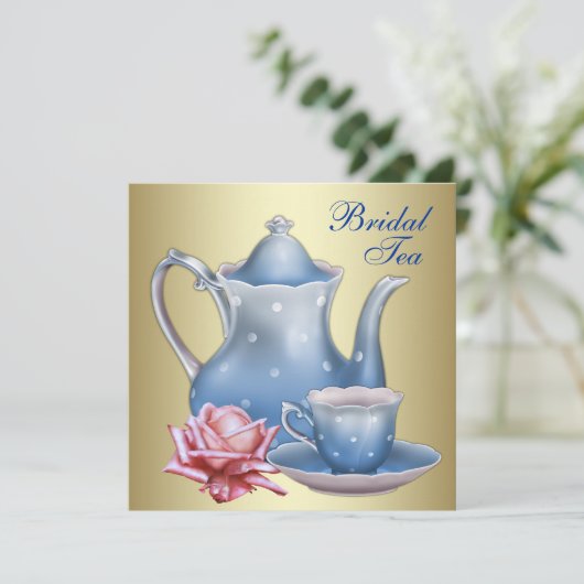Elegante gouden blauwe bruids thee partij kaart (Staand voorkant)