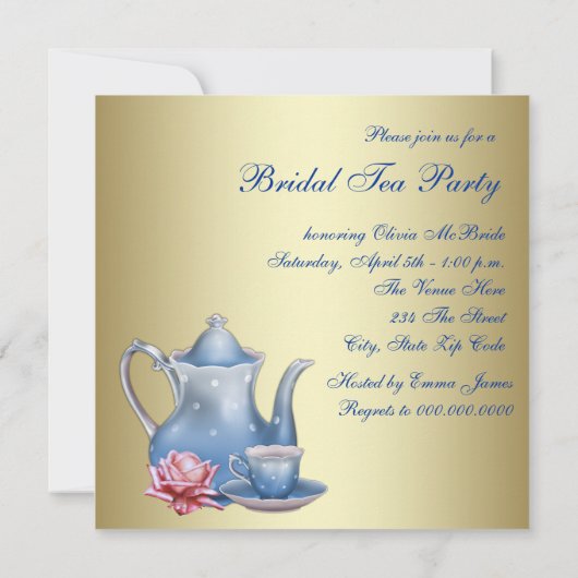 Elegante gouden blauwe bruids thee partij kaart (Achterkant)