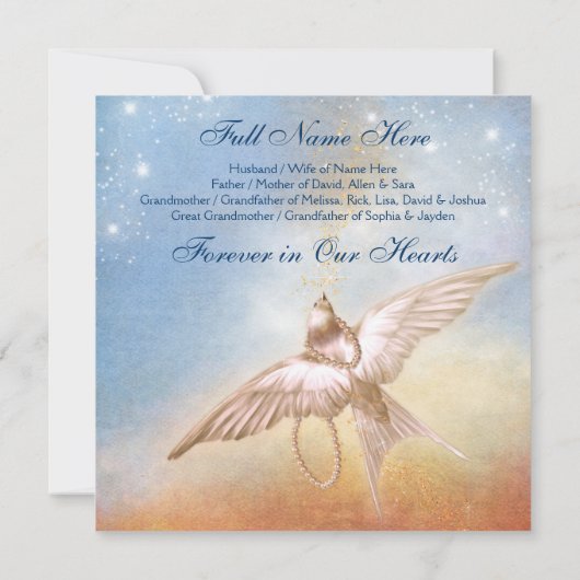 Elegante gouden blauwe duif in liefdevolle herinne kaart (Achterkant)