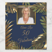 Elegante gouden blauwe foto 50 Fabulous Birthday Wijn Etiket (Enkel label)