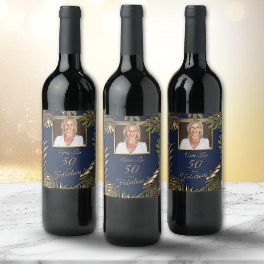 Elegante gouden blauwe foto 50 Fabulous Birthday Wijn Etiket