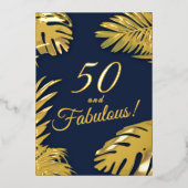 Elegante gouden blauwe foto 50e fantastische verja folie uitnodiging (Voorkant)