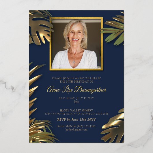 Elegante gouden blauwe foto 50e fantastische verja folie uitnodiging (Achterkant)